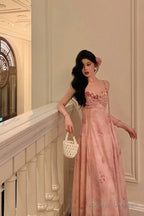 Classy A-Line Spaghetti Straps Pink Lace Prom Dress Birthday Outfits Prom Gowns