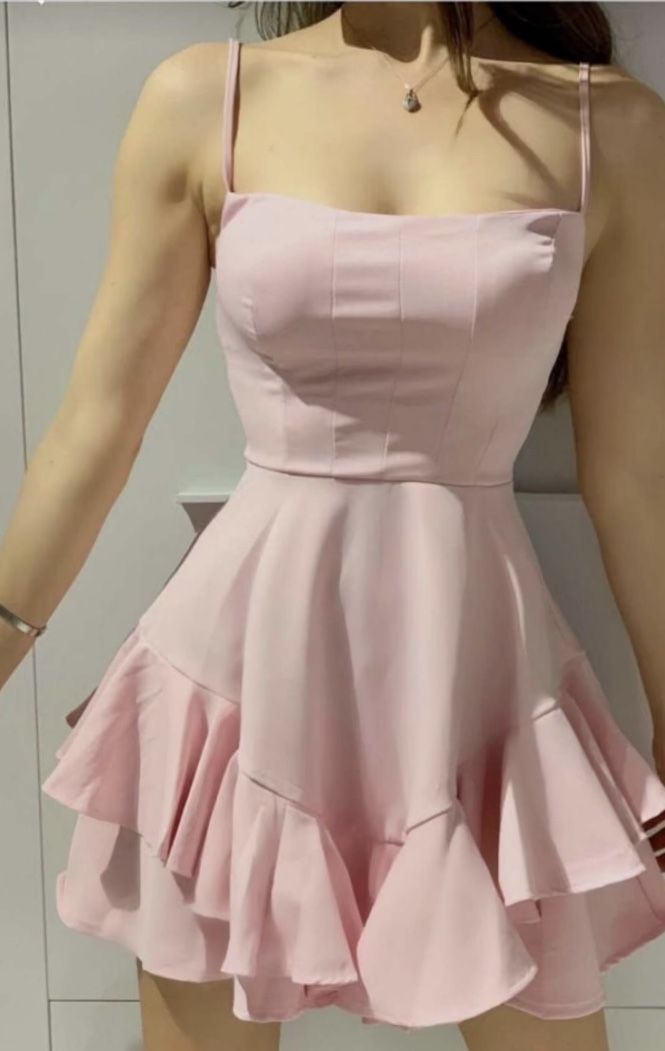 Classy A-Line Spaghetti Straps Pink Satin With Ruffle Hem Short Homecoming Dresses 18Th Birthday Outfits Secondary image