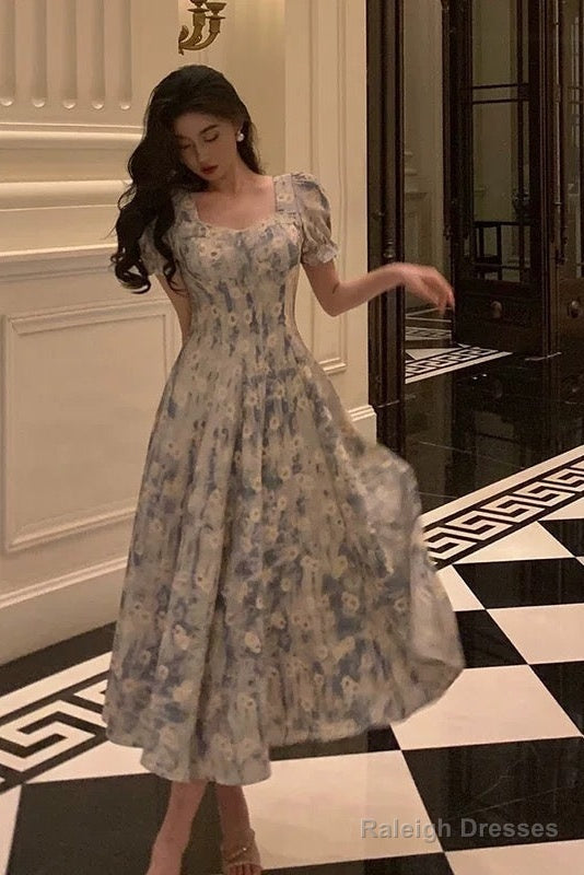 Classy A Line Square Neckline Blue Chiffon Long Prom Dresses Birthday Outfits Evening Gown