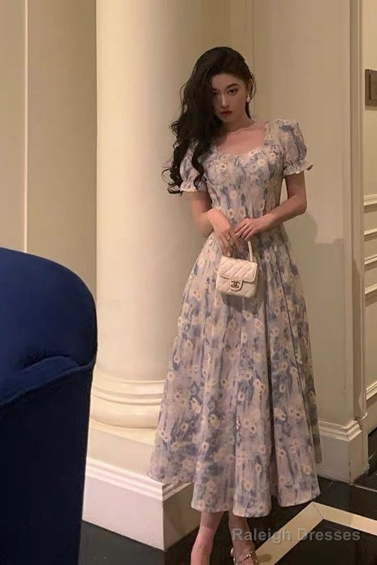 Classy A Line Square Neckline Blue Chiffon Long Prom Dresses Birthday Outfits Evening Gown Main image