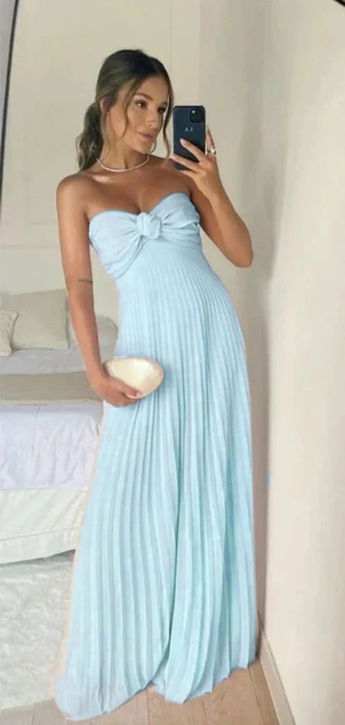 Classy A Line Strapless Light Pink Chiffon Long Prom Dresses Evening Dress With Ruffles