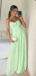 Classy A Line Strapless Light Pink Chiffon Long Prom Dresses Evening Dress With Ruffles