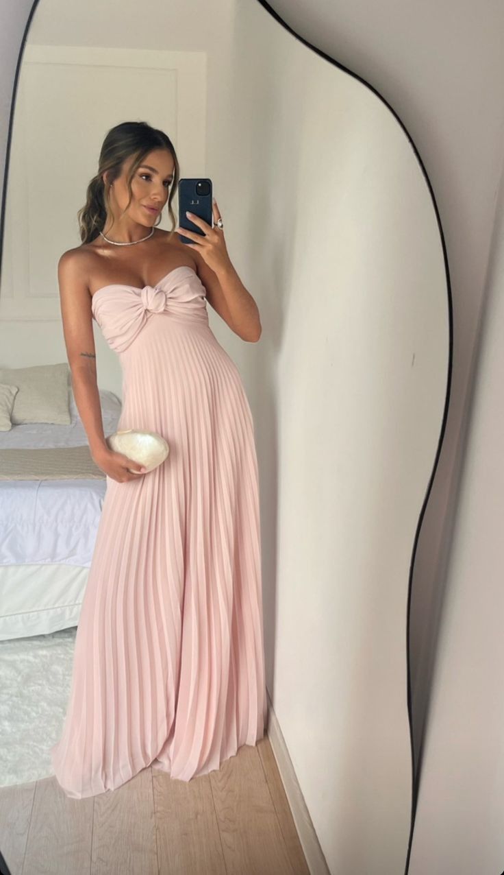 Classy A Line Strapless Light Pink Chiffon Long Prom Dresses Evening Dress With Ruffles