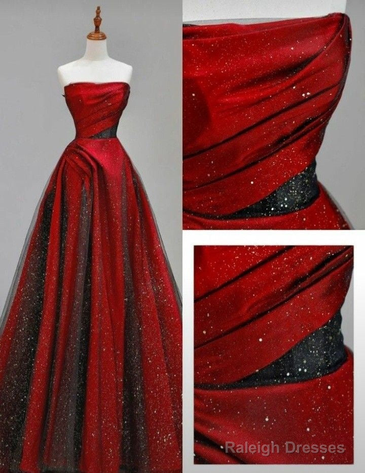 Classy A Line Strapless Red Sequin Tulle Long Party Dress Prom Dresses Main image