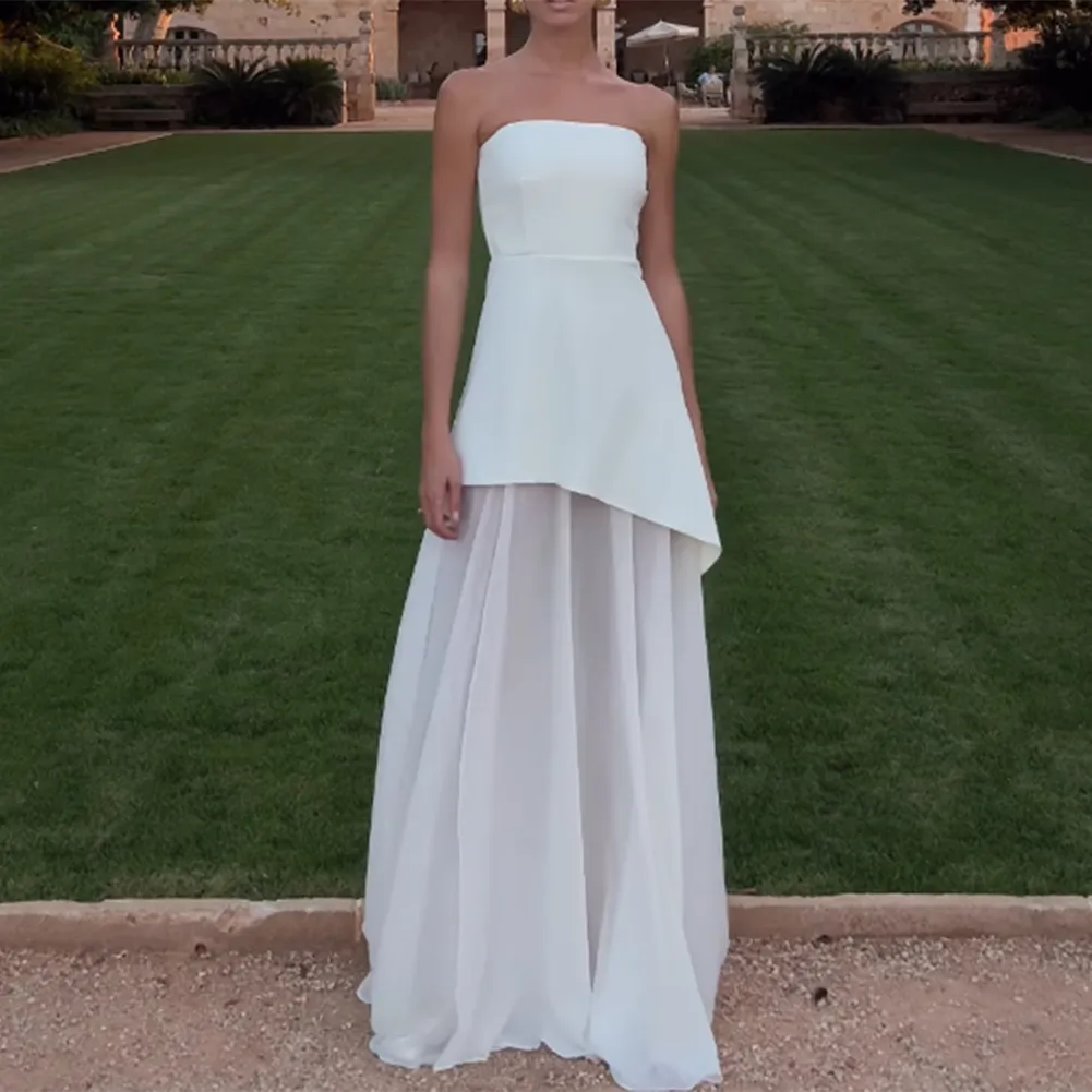 Classy A-Line Strapless White Chiffon Long Prom Dresses Prom Dress