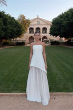 Classy A-Line Strapless White Chiffon Long Prom Dresses Prom Dress