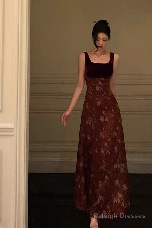 Classy A Line Straps Burgundy Velvet Floral Prom Dresses Birthday Outfits Evening Gown Secondary image