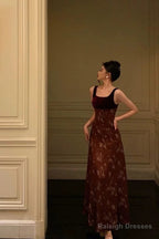 Classy A Line Straps Burgundy Velvet Floral Prom Dresses Birthday Outfits Evening Gown