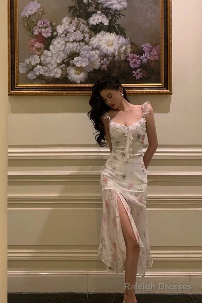 Classy A Line Straps Pink Floral Chiffon Prom Dresses Birthday Outfits Evening Gown