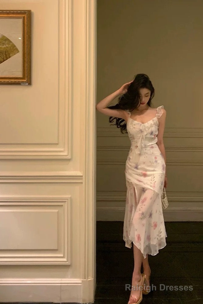 Classy A Line Straps Pink Floral Chiffon Prom Dresses Birthday Outfits Evening Gown Main image