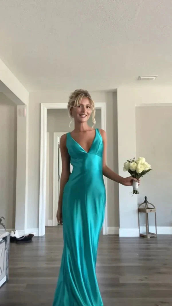 Classy A-Line V Neckline Blue Satin Sleeveless Long Prom Dress