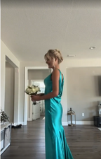 Classy A-Line V Neckline Blue Satin Sleeveless Long Prom Dress