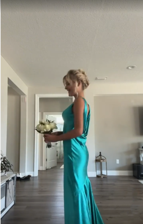 Classy A-Line V Neckline Blue Satin Sleeveless Long Prom Dress