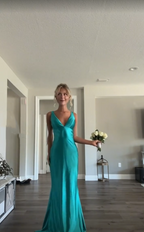 Classy A-Line V Neckline Blue Satin Sleeveless Long Prom Dress