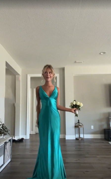 Classy A-Line V Neckline Blue Satin Sleeveless Long Prom Dress