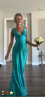 Classy A-Line V Neckline Blue Satin Sleeveless Long Prom Dress