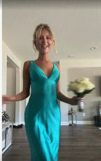 Classy A-Line V Neckline Blue Satin Sleeveless Long Prom Dress