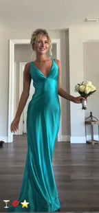 Classy A-Line V Neckline Blue Satin Sleeveless Long Prom Dress