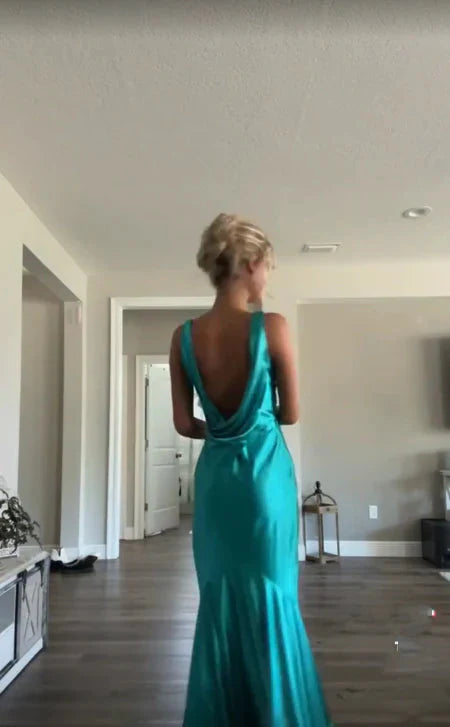 Classy A-Line V Neckline Blue Satin Sleeveless Long Prom Dress