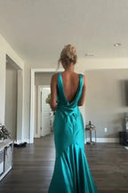Classy A-Line V Neckline Blue Satin Sleeveless Long Prom Dress