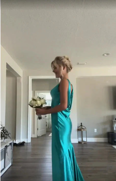 Classy A-Line V Neckline Blue Satin Sleeveless Long Prom Dress