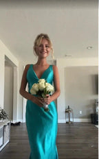 Classy A-Line V Neckline Blue Satin Sleeveless Long Prom Dress