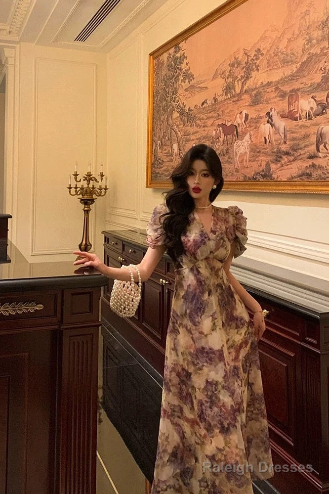 Classy A Line V Neckline Grape Flora Chiffon Prom Dresses Birthday Outfits Evening Gown