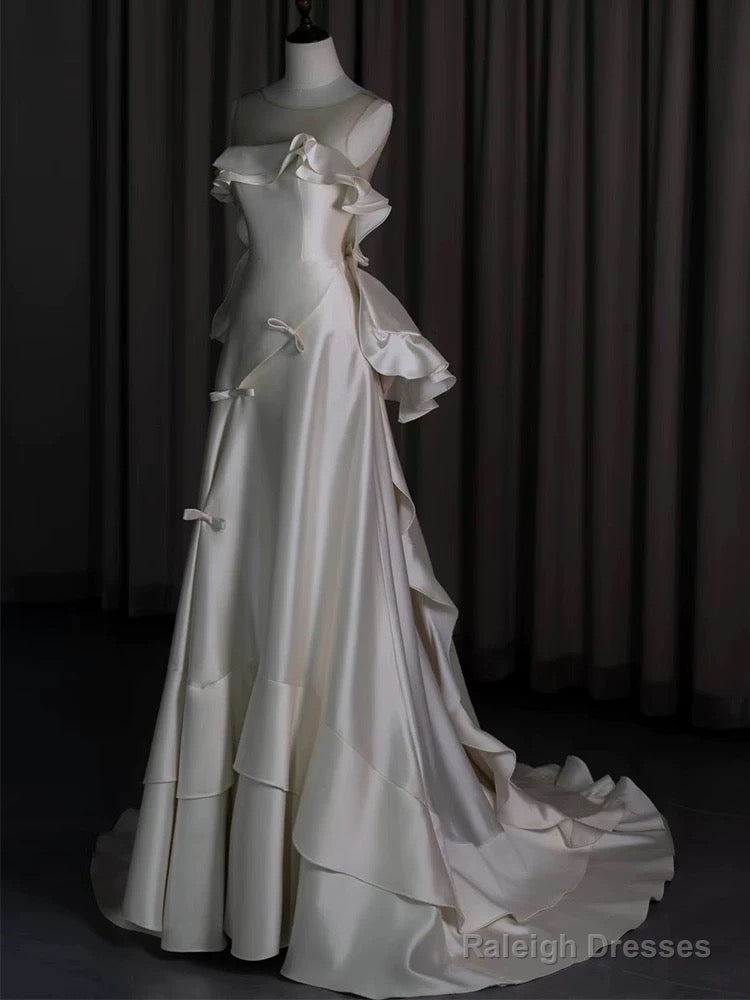 Classy Ball Gowns Scoop Satin Ruffles Ivory Wedding Dress Brides Dresses