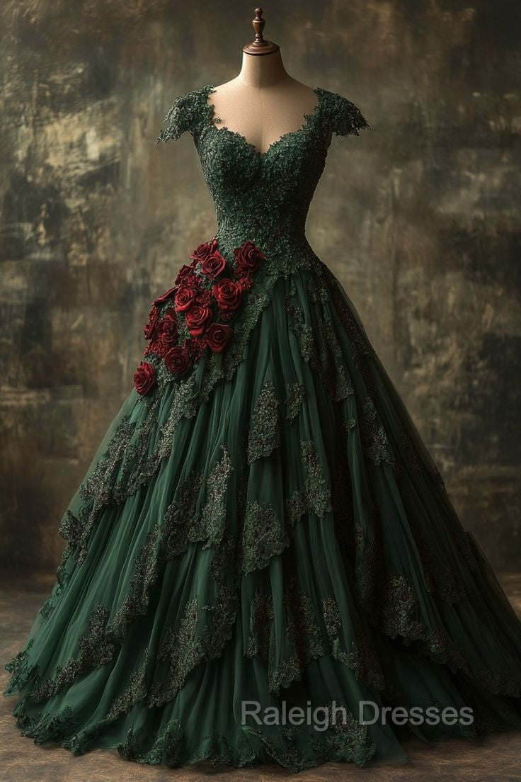 Classy Ball Gown Short Sleeves Dark Green Lace Long Party Dress Satin Prom Dresses Secondary image