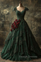 Classy Ball Gown Short Sleeves Dark Green Lace Long Party Dress Satin Prom Dresses