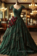 Classy Ball Gown Short Sleeves Dark Green Lace Long Party Dress Satin Prom Dresses