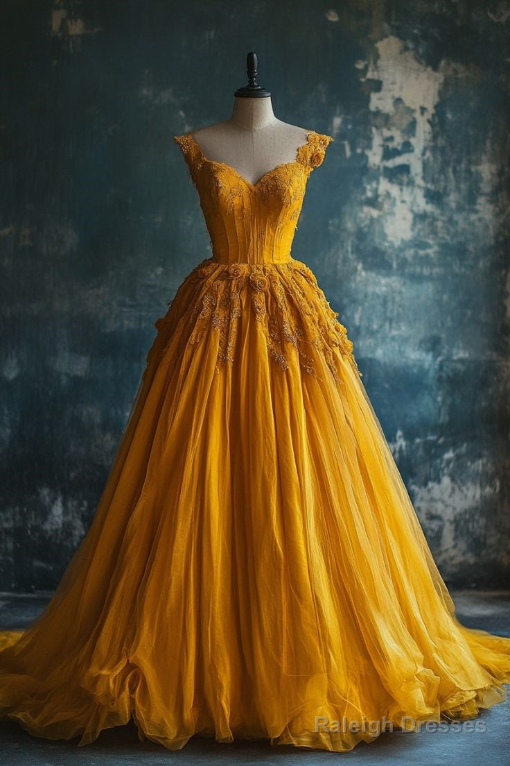 Classy Ball Gowns Short Sleeves Yellow Lace Long Prom Dresses Satin Prom Dress