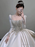 Classy Ball Gown Square Neckline Long Sleeves Sequin White Wedding Dresses Brides Dress