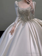 Classy Ball Gown Square Neckline Long Sleeves Sequin White Wedding Dresses Brides Dress