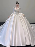 Classy Ball Gown Square Neckline Long Sleeves Sequin White Wedding Dresses Brides Dress