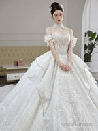 Classy Ball Gown Strapless Neckline Long Sleeves Sequin White Wedding Dresses Brides Dress