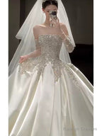 Classy Ball Gown Strapless Neckline Long Sleeves Sequin White Wedding Dresses Brides Dress