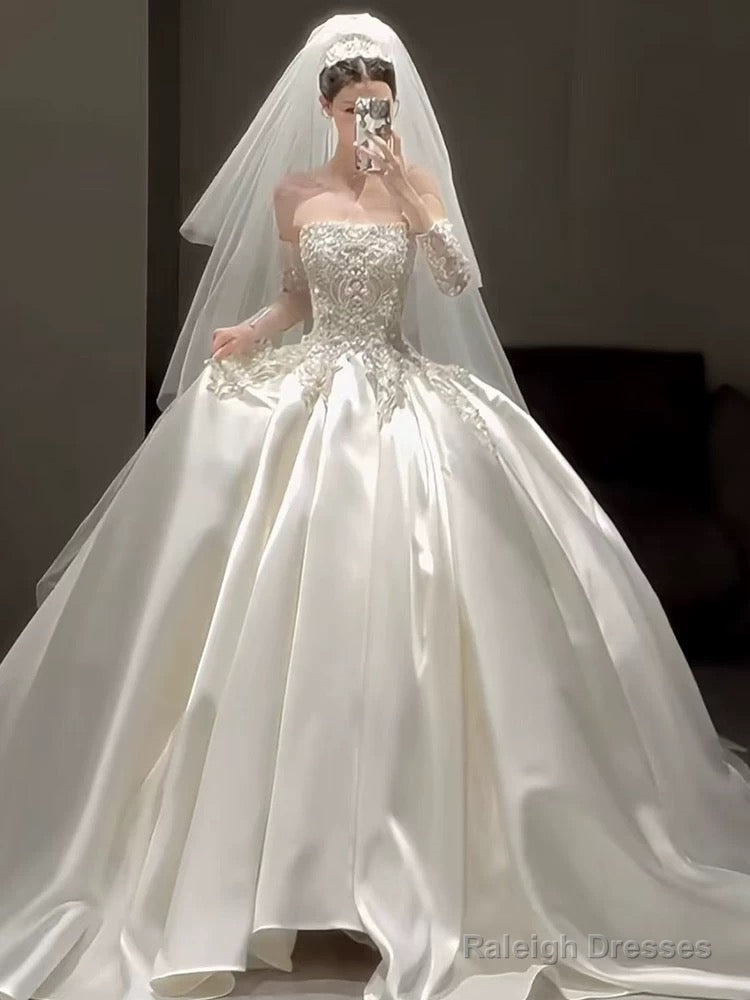 Classy Ball Gowns Strapless Neckline Long Sleeves Sequin White Wedding Dress Brides Dresses
