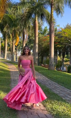 Classy Ball Gown Strapless Pink Floor Length Satin Slit Prom Dresses Evening Gowns