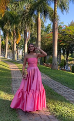 Classy Ball Gown Strapless Pink Floor Length Satin Slit Prom Dresses Evening Gowns