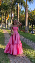 Classy Ball Gown Strapless Pink Floor Length Satin Slit Prom Dresses Evening Gowns