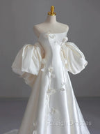 Classy Ball Gown Strapless Short Sleeves Satin White Wedding Dresses Brides Dress