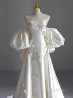 Classy Ball Gown Strapless Short Sleeves Satin White Wedding Dresses Brides Dress