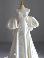 Classy Ball Gown Strapless Short Sleeves Satin White Wedding Dress Brides Dresses