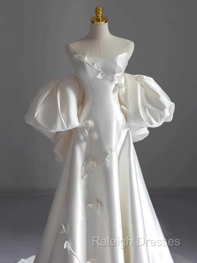 Classy Ball Gown Strapless Short Sleeves Satin White Wedding Dress Brides Dresses