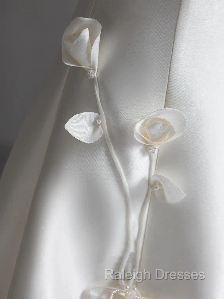 Classy Ball Gown Strapless Short Sleeves Satin White Wedding Dresses Brides Dress