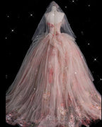 Classy Ball Gown Sweetheart Pink Floral Tulle Long Evening Dress Prom Dresses