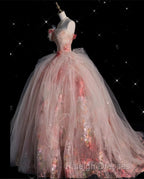 Classy Ball Gown Sweetheart Pink Floral Tulle Long Evening Dress Prom Dresses