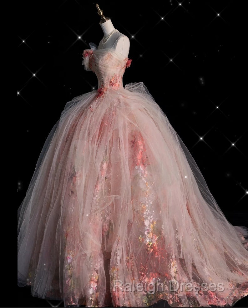 Classy Ball Gown Sweetheart Pink Floral Tulle Long Evening Dress Prom Dresses