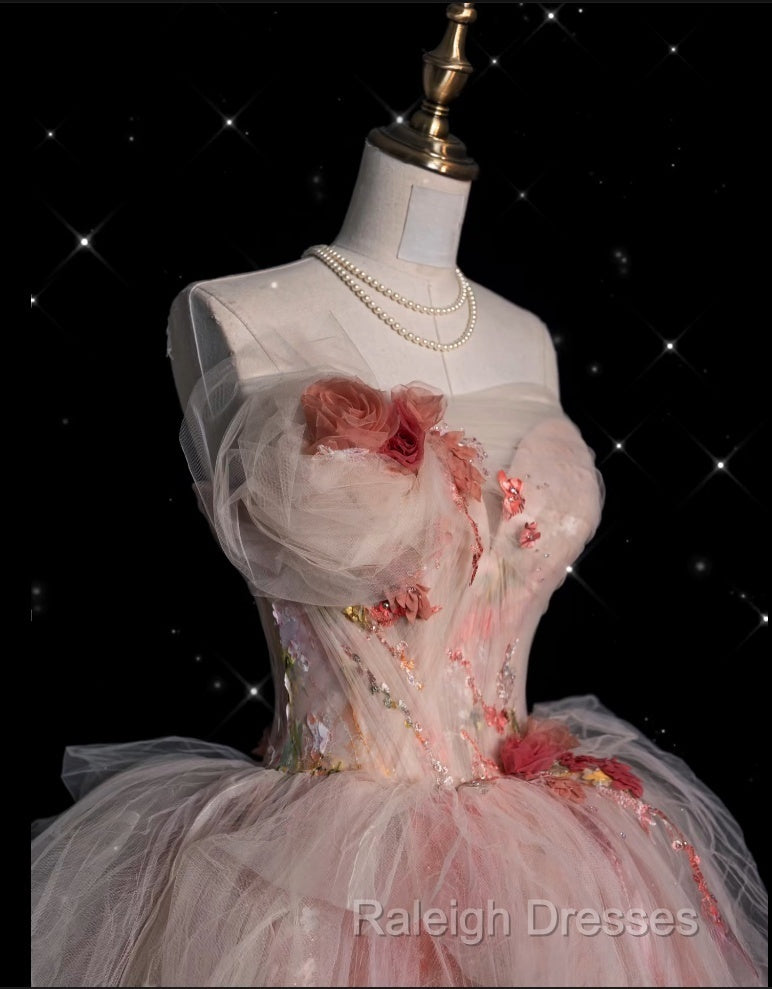 Classy Ball Gown Sweetheart Pink Floral Tulle Long Evening Dress Prom Dresses